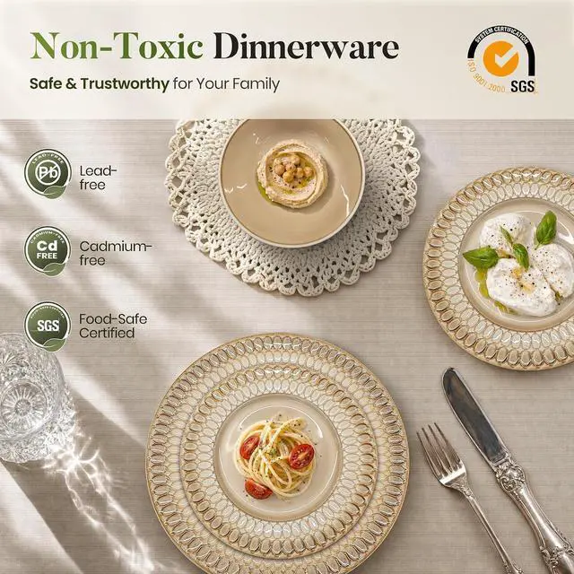 Alt view image 5 of 7 - Kitchen Academy 12-Piece Brown Embossed Stoneware Dinnerware Set, for 4 | Plates and Bowls Set, Non-Toxic Ceramic Dish Set, Microwave & Dishwasher Safe, Scratch Resistant Kitchen Dishes