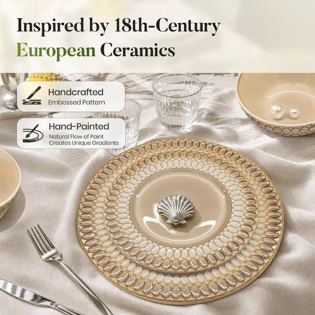 Alt view image 6 of 7 - Kitchen Academy 12-Piece Brown Embossed Stoneware Dinnerware Set, for 4 | Plates and Bowls Set, Non-Toxic Ceramic Dish Set, Microwave & Dishwasher Safe, Scratch Resistant Kitchen Dishes