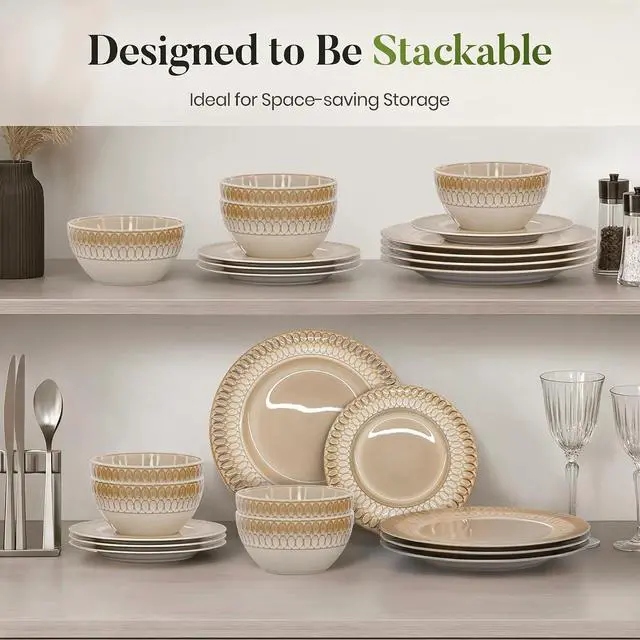 Alt view image 7 of 7 - Kitchen Academy 12-Piece Brown Embossed Stoneware Dinnerware Set, for 4 | Plates and Bowls Set, Non-Toxic Ceramic Dish Set, Microwave & Dishwasher Safe, Scratch Resistant Kitchen Dishes