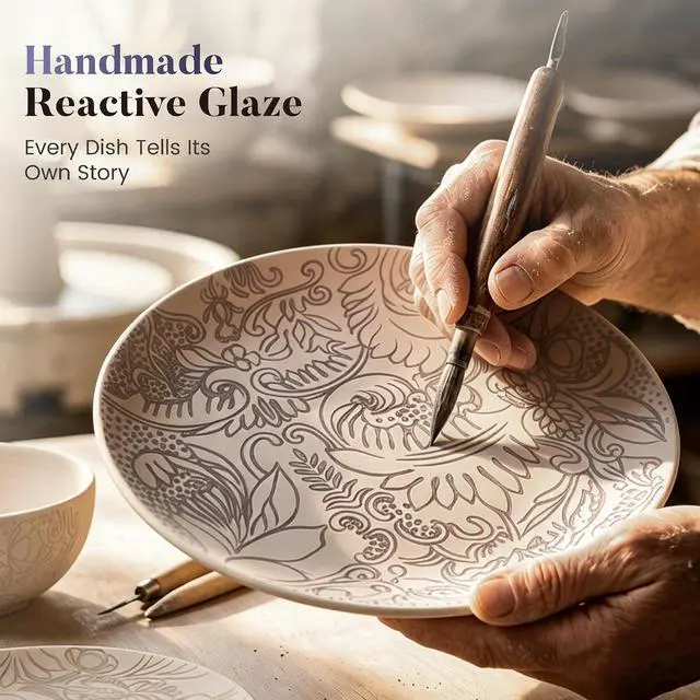 Alt view image 3 of 7 - Kitchen Academy 12-Piece Scandinavian Stoneware Dinnerware Set for 4 | Handmade Reactive Glaze Plates and Bowls Set, Non-Toxic Ceramic Kitchen Dish Set, Microwave & Dishwasher Safe