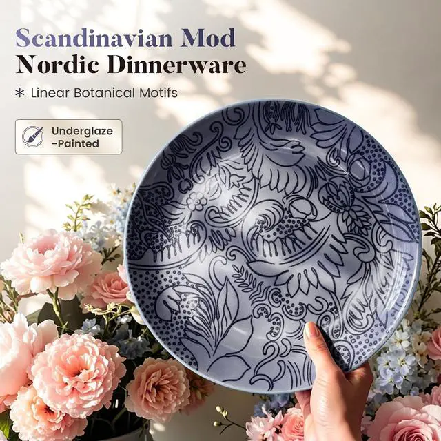 Alt view image 4 of 7 - Kitchen Academy 12-Piece Scandinavian Stoneware Dinnerware Set for 4 | Handmade Reactive Glaze Plates and Bowls Set, Non-Toxic Ceramic Kitchen Dish Set, Microwave & Dishwasher Safe