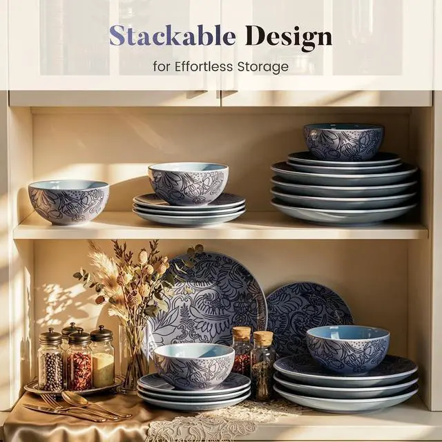 Alt view image 5 of 7 - Kitchen Academy 12-Piece Scandinavian Stoneware Dinnerware Set for 4 | Handmade Reactive Glaze Plates and Bowls Set, Non-Toxic Ceramic Kitchen Dish Set, Microwave & Dishwasher Safe