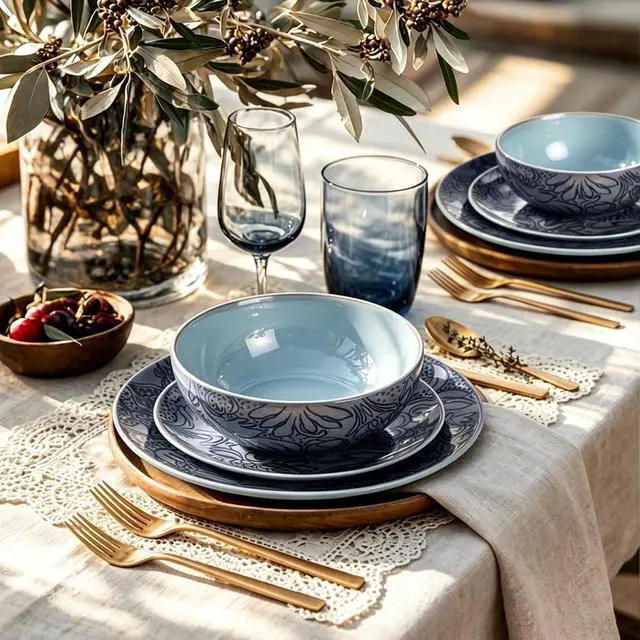 Alt view image 6 of 7 - Kitchen Academy 12-Piece Scandinavian Stoneware Dinnerware Set for 4 | Handmade Reactive Glaze Plates and Bowls Set, Non-Toxic Ceramic Kitchen Dish Set, Microwave & Dishwasher Safe