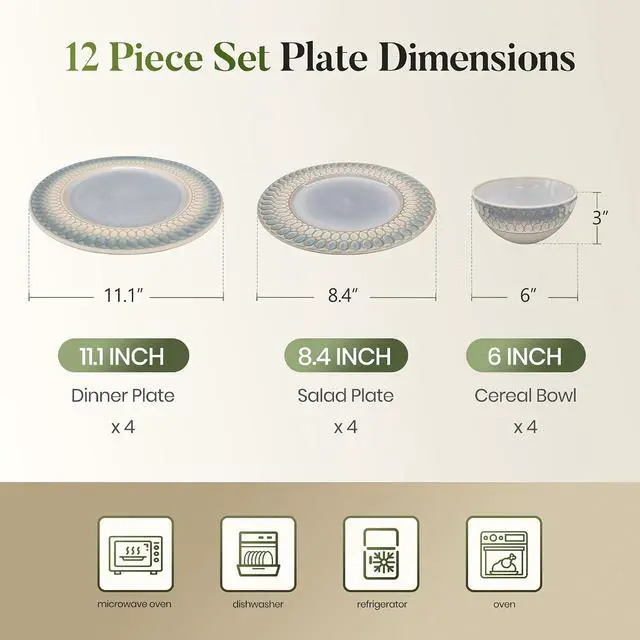 Alt view image 2 of 7 - Kitchen Academy 12Pcs Embossed Dinnerware Set, Plates and Bowls Sets for 4 | Embossed Design Stoneware Plates and Bowls, Non-Toxic Ceramic Dish Set, Microwave & Dishwasher Safe