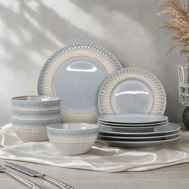 Main image of Kitchen Academy 12Pcs Embossed Dinnerware Set, Plates and Bowls Sets for 4 | Embossed Design Stoneware Plates and Bowls, Non-Toxic Ceramic Dish Set, Microwave & Dishwasher Safe