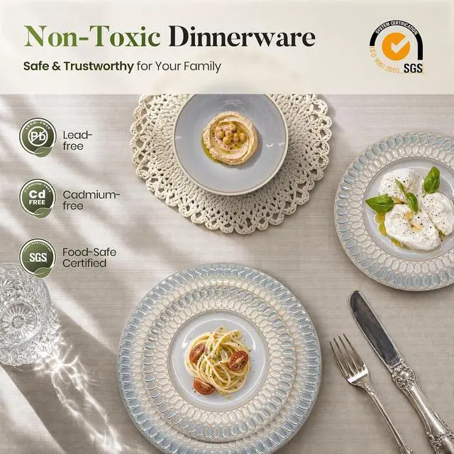 Alt view image 4 of 7 - Kitchen Academy 12Pcs Embossed Dinnerware Set, Plates and Bowls Sets for 4 | Embossed Design Stoneware Plates and Bowls, Non-Toxic Ceramic Dish Set, Microwave & Dishwasher Safe