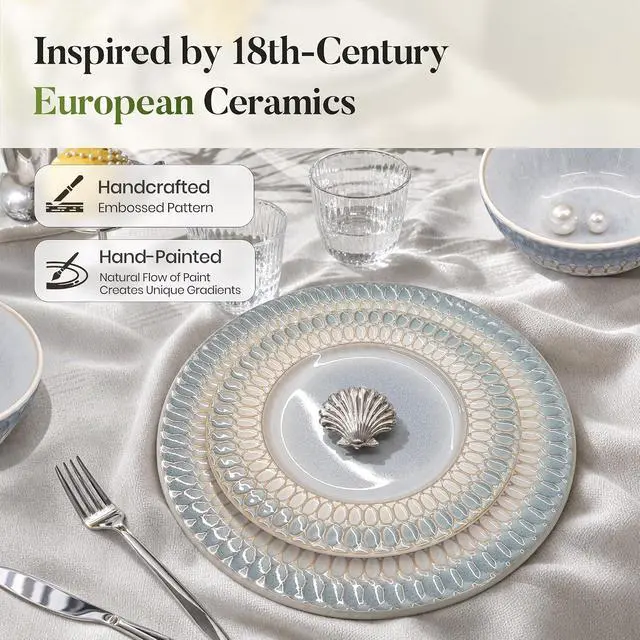 Alt view image 6 of 7 - Kitchen Academy 12Pcs Embossed Dinnerware Set, Plates and Bowls Sets for 4 | Embossed Design Stoneware Plates and Bowls, Non-Toxic Ceramic Dish Set, Microwave & Dishwasher Safe