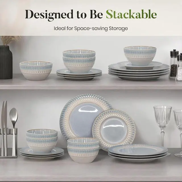 Alt view image 7 of 7 - Kitchen Academy 12Pcs Embossed Dinnerware Set, Plates and Bowls Sets for 4 | Embossed Design Stoneware Plates and Bowls, Non-Toxic Ceramic Dish Set, Microwave & Dishwasher Safe