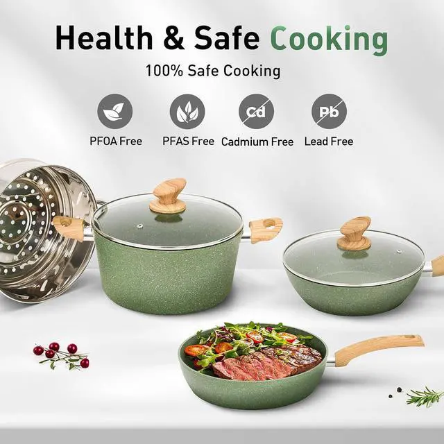 Alt view image 6 of 7 - Kitchen Academy 30Pcs Induction Cookware Sets - Nonstick Kitchen Cooking Pans Set, Pots and Pans Set Non Stick, Green Healthy & Non Toxic Cookware Set