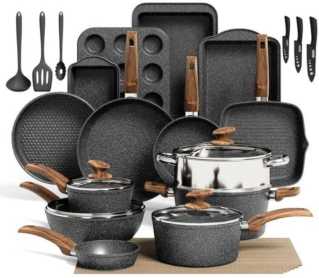 Main image of Kitchen Academy 30Pcs Pots and Pans Set Non Stick - Induction Black Cooware Set, Nonstick Granite Cookware and Bakeware Sets, PFOA&PFOS-Free, Non Toxic Healthy Kitchen Cooking Pans Set