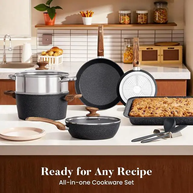 Alt view image 6 of 7 - Kitchen Academy 30Pcs Pots and Pans Set Non Stick - Induction Black Cooware Set, Nonstick Granite Cookware and Bakeware Sets, PFOA&PFOS-Free, Non Toxic Healthy Kitchen Cooking Pans Set