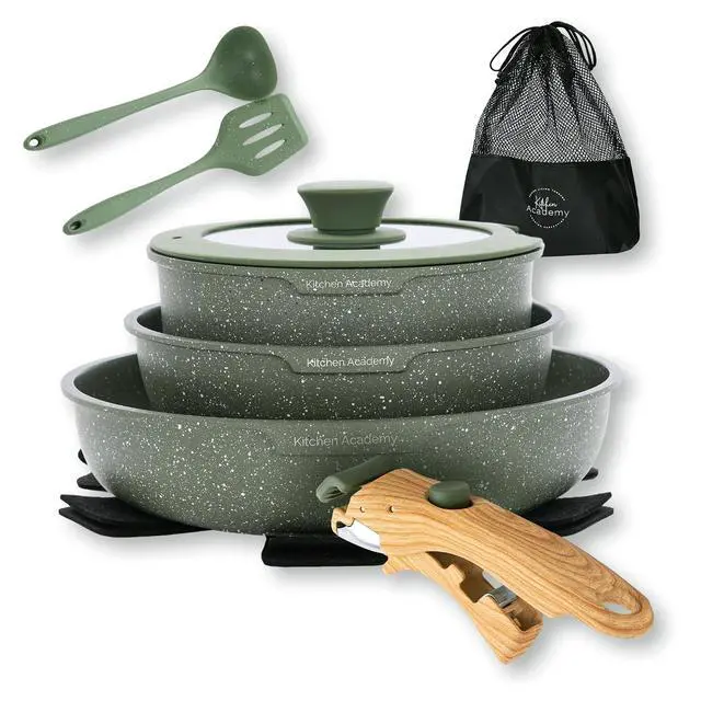 Alt view image 2 of 5 - Kitchen Academy Granite Cookware Sets with 2 Pcs Detachable Handle