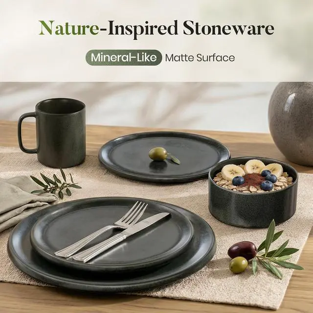 Alt view image 3 of 7 - Kitchen Academy 16-Piece Stoneware Plates and Bowls With Mugs Set for 4 | Matte Black, Ceramic Non Toxic Dinnerware Sets, Scratch Resistant Handmade Dish Set, Oven & Microwave & Dishwasher Safe