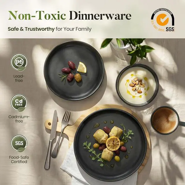 Alt view image 4 of 7 - Kitchen Academy 16-Piece Stoneware Plates and Bowls With Mugs Set for 4 | Matte Black, Ceramic Non Toxic Dinnerware Sets, Scratch Resistant Handmade Dish Set, Oven & Microwave & Dishwasher Safe