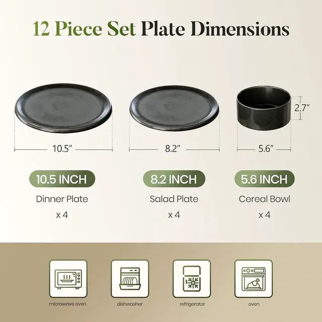 Alt view image 2 of 7 - Kitchen Academy 12-Piece Stoneware Dinnerware Set for 4, Matte Black | Ceramic Plates and Bowls, Scratch Resistant, Handmade, Oven & Microwave & Dishwasher Safe
