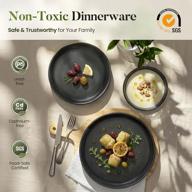 Alt view image 6 of 7 - Kitchen Academy 12-Piece Stoneware Dinnerware Set for 4, Matte Black | Ceramic Plates and Bowls, Scratch Resistant, Handmade, Oven & Microwave & Dishwasher Safe