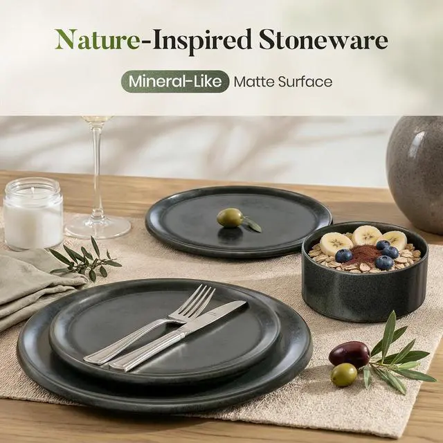 Alt view image 7 of 7 - Kitchen Academy 12-Piece Stoneware Dinnerware Set for 4, Matte Black | Ceramic Plates and Bowls, Scratch Resistant, Handmade, Oven & Microwave & Dishwasher Safe