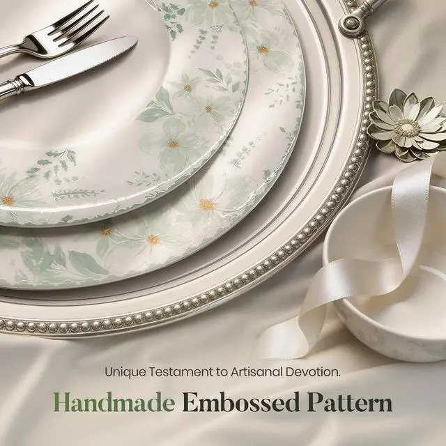 Alt view image 5 of 7 - Kitchen Academy 12-Piece Bone China Dinnerware Set for 4, Handmade | Reactive Glaze Porcelain Plates and Bowls Sets, Lightweight Scratch Resistant kitchen Dish Set, Dishwasher Microwave Safe