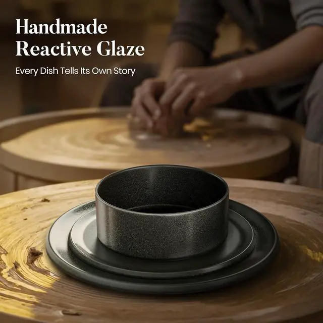 Alt view image 4 of 7 - Kitchen Academy 12-Piece Stoneware Dinnerware Set for 4, Matte Black | Ceramic Plates and Bowls, Scratch Resistant, Handmade, Oven & Microwave & Dishwasher Safe