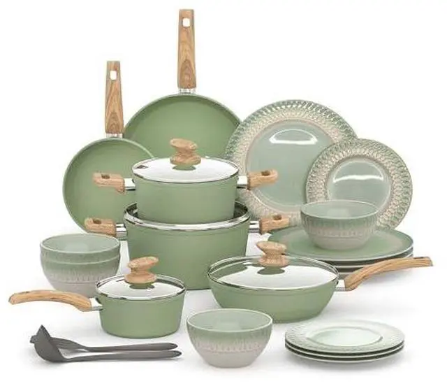 Main image of Kitchen Academy 12Pcs Granite Cookware Set + 12 Pcs Stoneware Dinnerware Sets for 4