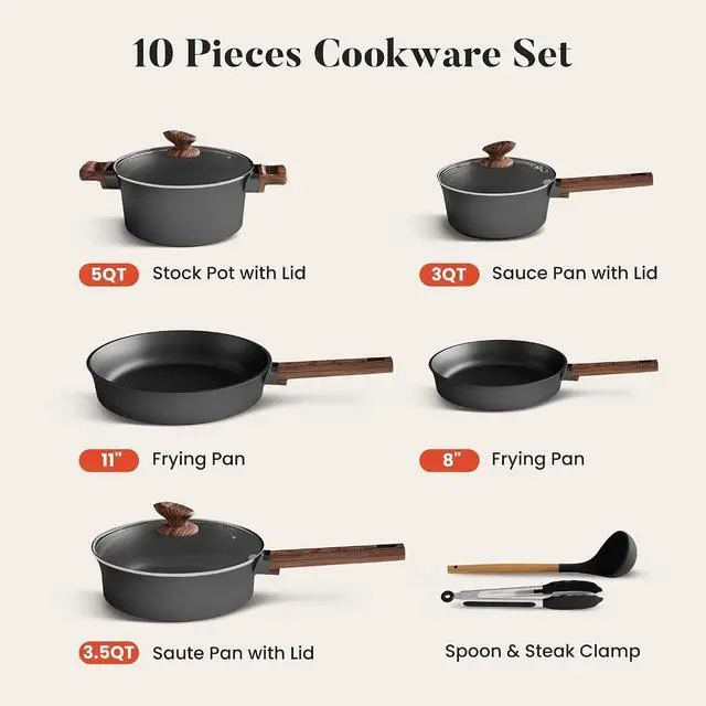 Alt view image 5 of 7 - Black Ceramic Cookware Set 10 Pieces & 10 Pieces RV/Camping Cookware Sets
