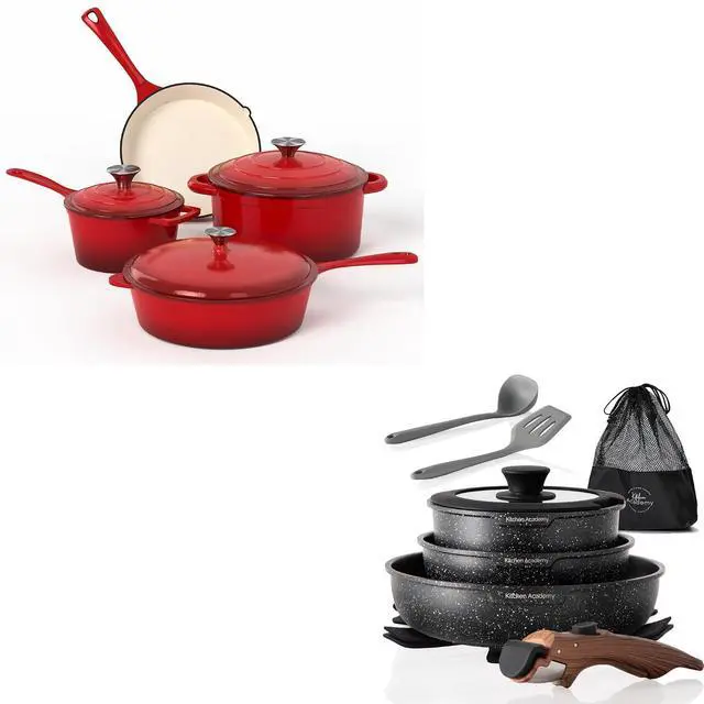 Main image of Enamel Cast Iron Cookware Set 7 Pieces & 10 Pieces RV/Camping Cookware Sets