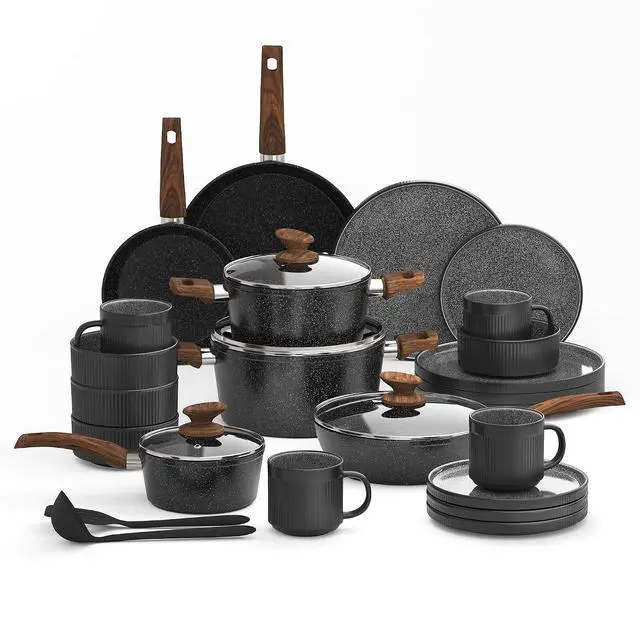 Main image of Kitchen Academy 12Pcs Granite Cookware Set + 16 Pcs Stoneware Dinnerware Sets for 4