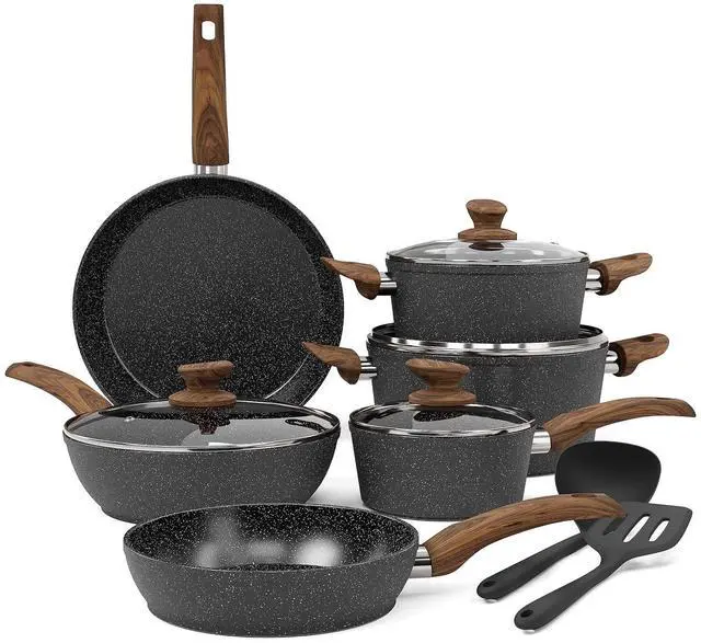 Main image of Kitchen Academy Pots and Pans Set Non Stick, Induction Cookware Sets | 12Pcs Granite Nonstick Healthy Cooking Set, PFAS & PFOA Free