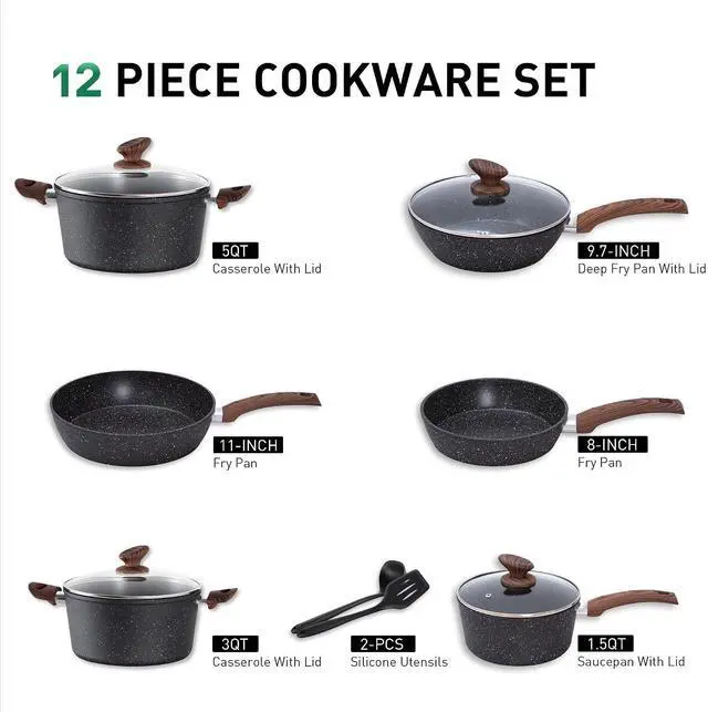Alt view image 7 of 7 - Kitchen Academy Pots and Pans Set Non Stick, Induction Cookware Sets | 12Pcs Granite Nonstick Healthy Cooking Set, PFAS & PFOA Free