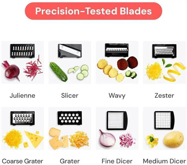 Alt view image 4 of 7 - Fullstar Pro Original Vegetable Chopper & Mandoline Slicer Kitchen Gadget | 8 in 1 Veggie Slicer, Onion & Fruit Cutter with Sharp Stainless Steel Blades & Container, All-in-One Meal Prep Tool (Black)