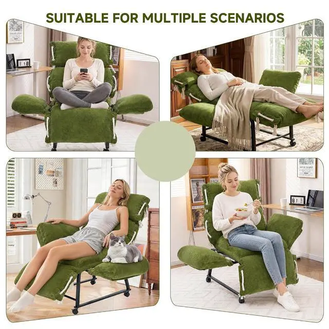 Alt view image 7 of 7 - Adjustable Recliner Lounge Chair,90°-180° Lay Flat Lazy Sofa with Lockable Swivel Brake Casters,Adjustable Backrest & Armrest,Storage Pocket Ergonomic Napping Chair,Green for Living Room Bedroom