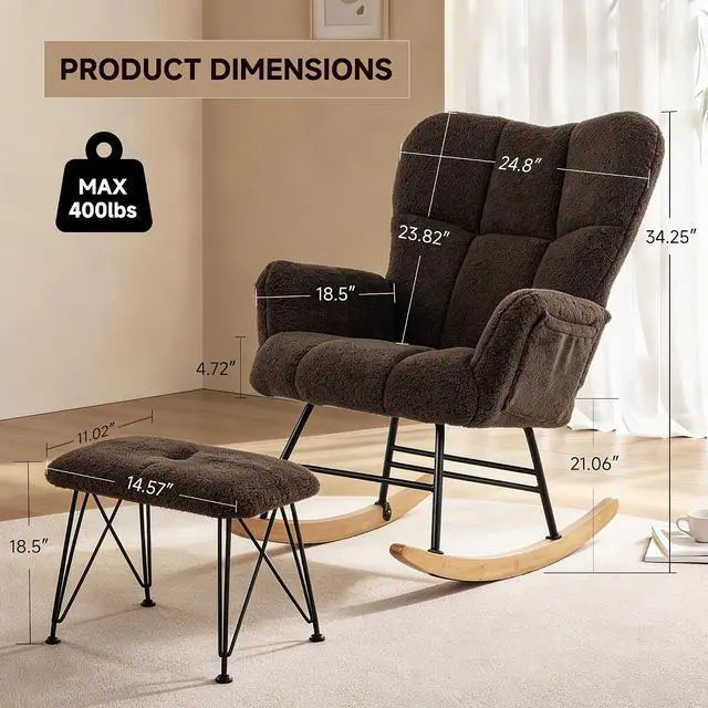 Alt view image 2 of 7 - KEEZY Nursery Rocking Chair with Footrest,Teddy Upholstered Glider Rocker Rocking Accent Chair Padded Seat with High Backrest Armchair Comfy Side Chair for Living Room Bedroom (Teddy)