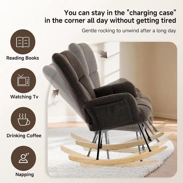 Alt view image 3 of 7 - KEEZY Nursery Rocking Chair with Footrest,Teddy Upholstered Glider Rocker Rocking Accent Chair Padded Seat with High Backrest Armchair Comfy Side Chair for Living Room Bedroom (Teddy)