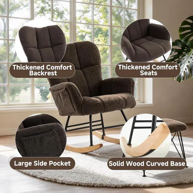 Alt view image 4 of 7 - KEEZY Nursery Rocking Chair with Footrest,Teddy Upholstered Glider Rocker Rocking Accent Chair Padded Seat with High Backrest Armchair Comfy Side Chair for Living Room Bedroom (Teddy)