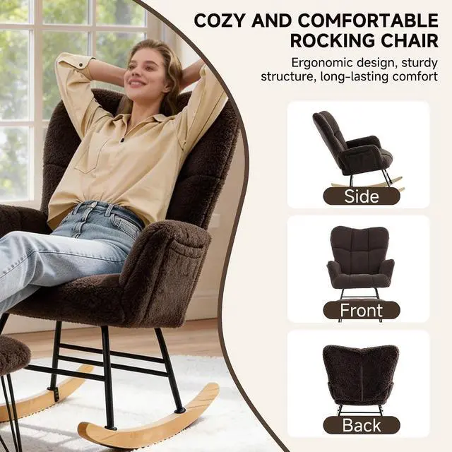 Alt view image 6 of 7 - KEEZY Nursery Rocking Chair with Footrest,Teddy Upholstered Glider Rocker Rocking Accent Chair Padded Seat with High Backrest Armchair Comfy Side Chair for Living Room Bedroom (Teddy)
