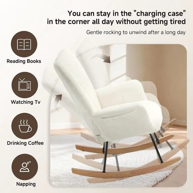 Alt view image 3 of 7 - KEEZY Rocking Chair Nursery with Footrest,Upholstered Glider Rocker,Rocking Accent Chair with Padded Seat with High Backrest,Reading Chair,Armchair Comfy Side Chair for Living Room Bedroom (Beige)