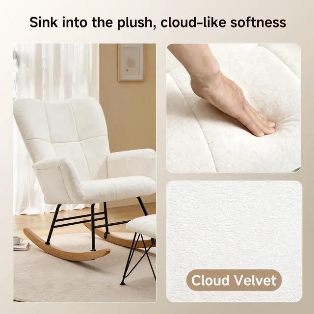Alt view image 4 of 7 - KEEZY Rocking Chair Nursery with Footrest,Upholstered Glider Rocker,Rocking Accent Chair with Padded Seat with High Backrest,Reading Chair,Armchair Comfy Side Chair for Living Room Bedroom (Beige)