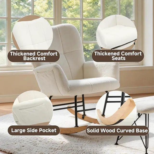 Alt view image 5 of 7 - KEEZY Rocking Chair Nursery with Footrest,Upholstered Glider Rocker,Rocking Accent Chair with Padded Seat with High Backrest,Reading Chair,Armchair Comfy Side Chair for Living Room Bedroom (Beige)