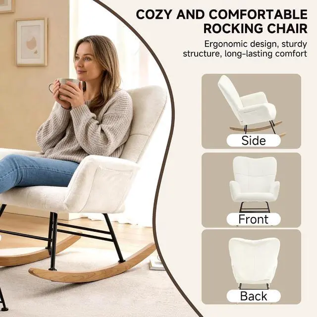 Alt view image 6 of 7 - KEEZY Rocking Chair Nursery with Footrest,Upholstered Glider Rocker,Rocking Accent Chair with Padded Seat with High Backrest,Reading Chair,Armchair Comfy Side Chair for Living Room Bedroom (Beige)