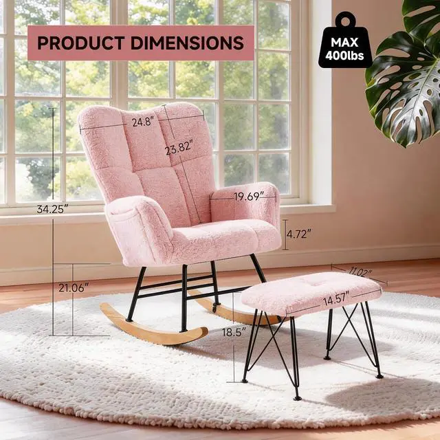 Alt view image 2 of 7 - KEEZY Nursery Rocking Chair with Footrest Upholstered Glider Rocker Padded Seat with High Backrest Armchair Comfy Side Chair for Living Room Bedroom Pink Sherpa