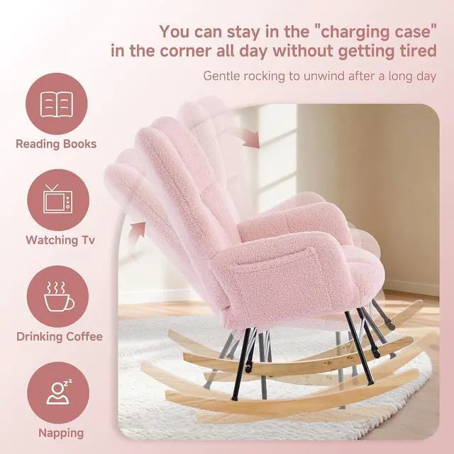 Alt view image 3 of 7 - KEEZY Nursery Rocking Chair with Footrest Upholstered Glider Rocker Padded Seat with High Backrest Armchair Comfy Side Chair for Living Room Bedroom Pink Sherpa