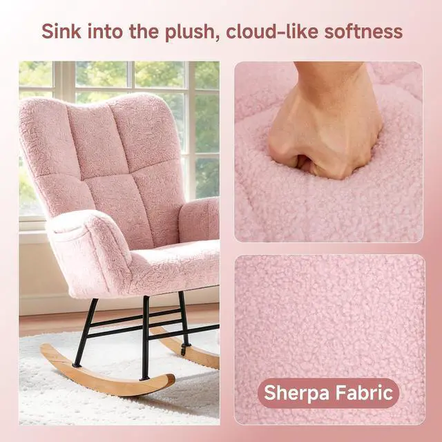 Alt view image 4 of 7 - KEEZY Nursery Rocking Chair with Footrest Upholstered Glider Rocker Padded Seat with High Backrest Armchair Comfy Side Chair for Living Room Bedroom Pink Sherpa