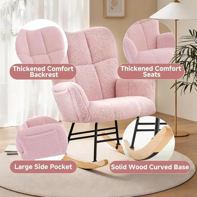 Alt view image 5 of 7 - KEEZY Nursery Rocking Chair with Footrest Upholstered Glider Rocker Padded Seat with High Backrest Armchair Comfy Side Chair for Living Room Bedroom Pink Sherpa