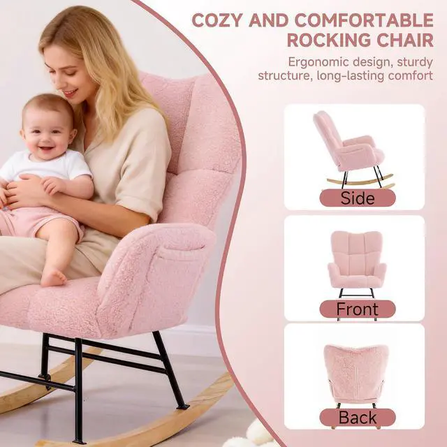 Alt view image 6 of 7 - KEEZY Nursery Rocking Chair with Footrest Upholstered Glider Rocker Padded Seat with High Backrest Armchair Comfy Side Chair for Living Room Bedroom Pink Sherpa