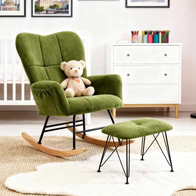 Main image of KEEZY Nursery Rocking Chair with Footrest,Upholstered Glider Rocker Rocking Accent Chair Padded Seat with High Backrest Armchair Comfy Side Chair for Living Room Bedroom(Green)