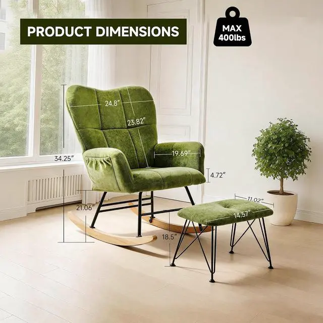 Alt view image 2 of 7 - KEEZY Nursery Rocking Chair with Footrest,Upholstered Glider Rocker Rocking Accent Chair Padded Seat with High Backrest Armchair Comfy Side Chair for Living Room Bedroom(Green)