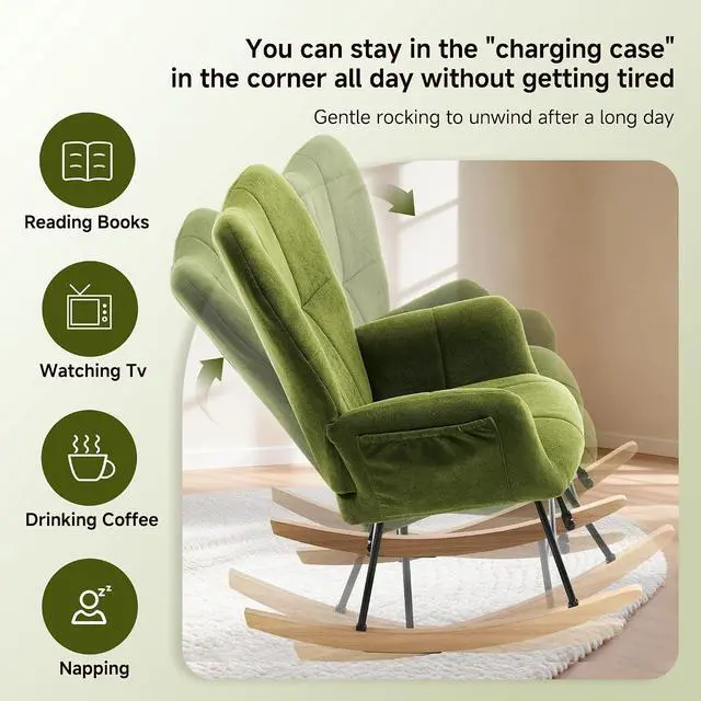 Alt view image 3 of 7 - KEEZY Nursery Rocking Chair with Footrest,Upholstered Glider Rocker Rocking Accent Chair Padded Seat with High Backrest Armchair Comfy Side Chair for Living Room Bedroom(Green)