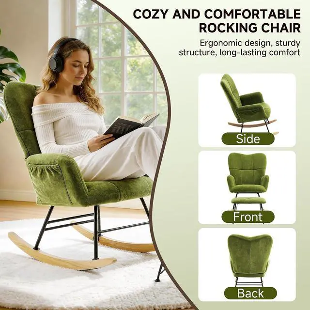 Alt view image 6 of 7 - KEEZY Nursery Rocking Chair with Footrest,Upholstered Glider Rocker Rocking Accent Chair Padded Seat with High Backrest Armchair Comfy Side Chair for Living Room Bedroom(Green)