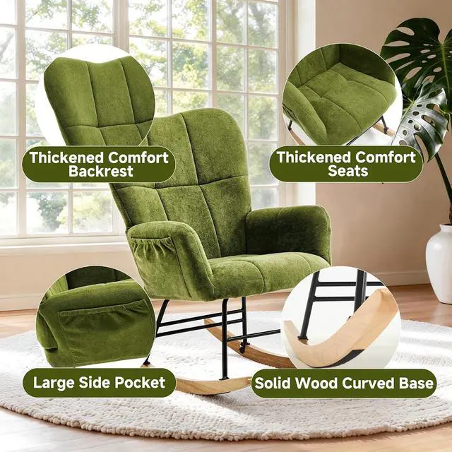 Alt view image 5 of 7 - KEEZY Nursery Rocking Chair with Footrest,Upholstered Glider Rocker Rocking Accent Chair Padded Seat with High Backrest Armchair Comfy Side Chair for Living Room Bedroom(Green)