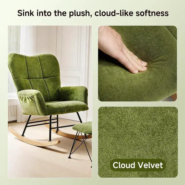 Alt view image 4 of 7 - KEEZY Nursery Rocking Chair with Footrest,Upholstered Glider Rocker Rocking Accent Chair Padded Seat with High Backrest Armchair Comfy Side Chair for Living Room Bedroom(Green)